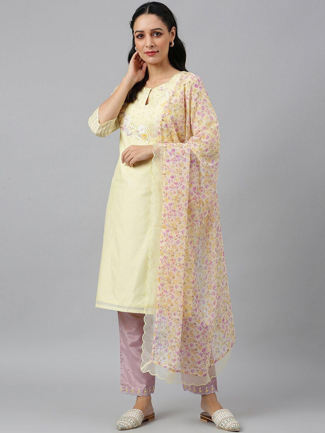 wishful women yellow floral yoke design kurta set with dupatta