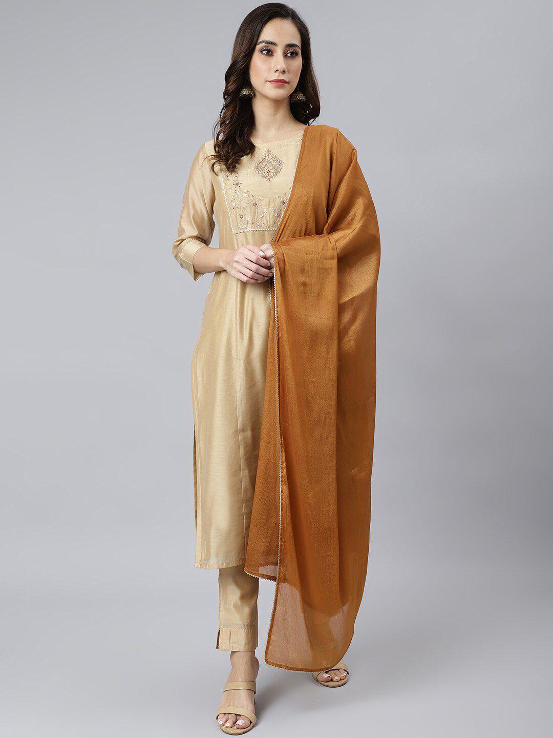 janasya women beige chanderi silk solid kurta with trousers and dupatta