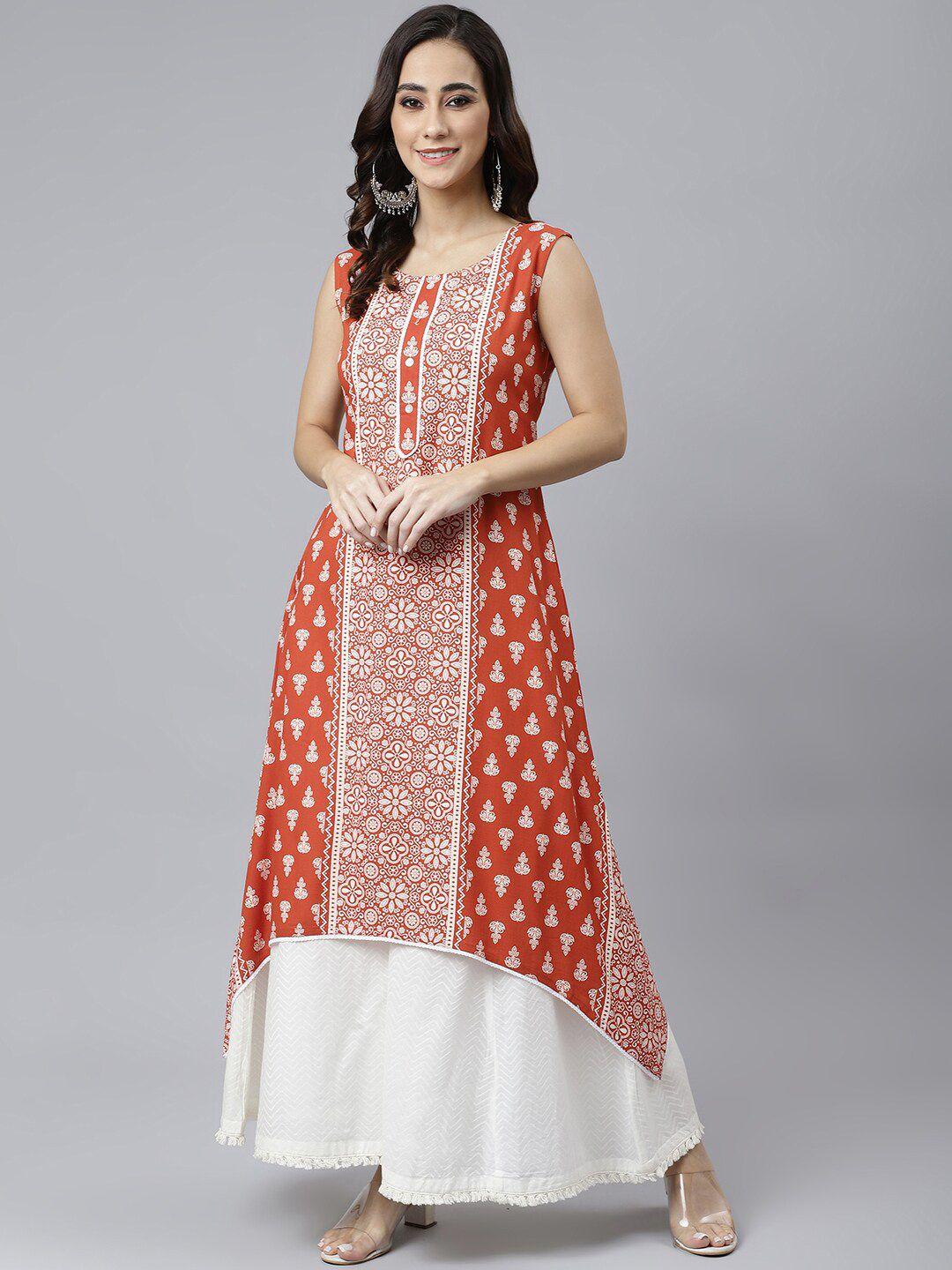 janasya women rust block print a-line kurta