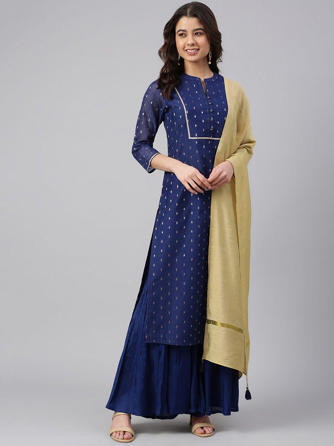 janasya women blue printed chanderi silk kurta with sharara & dupatta