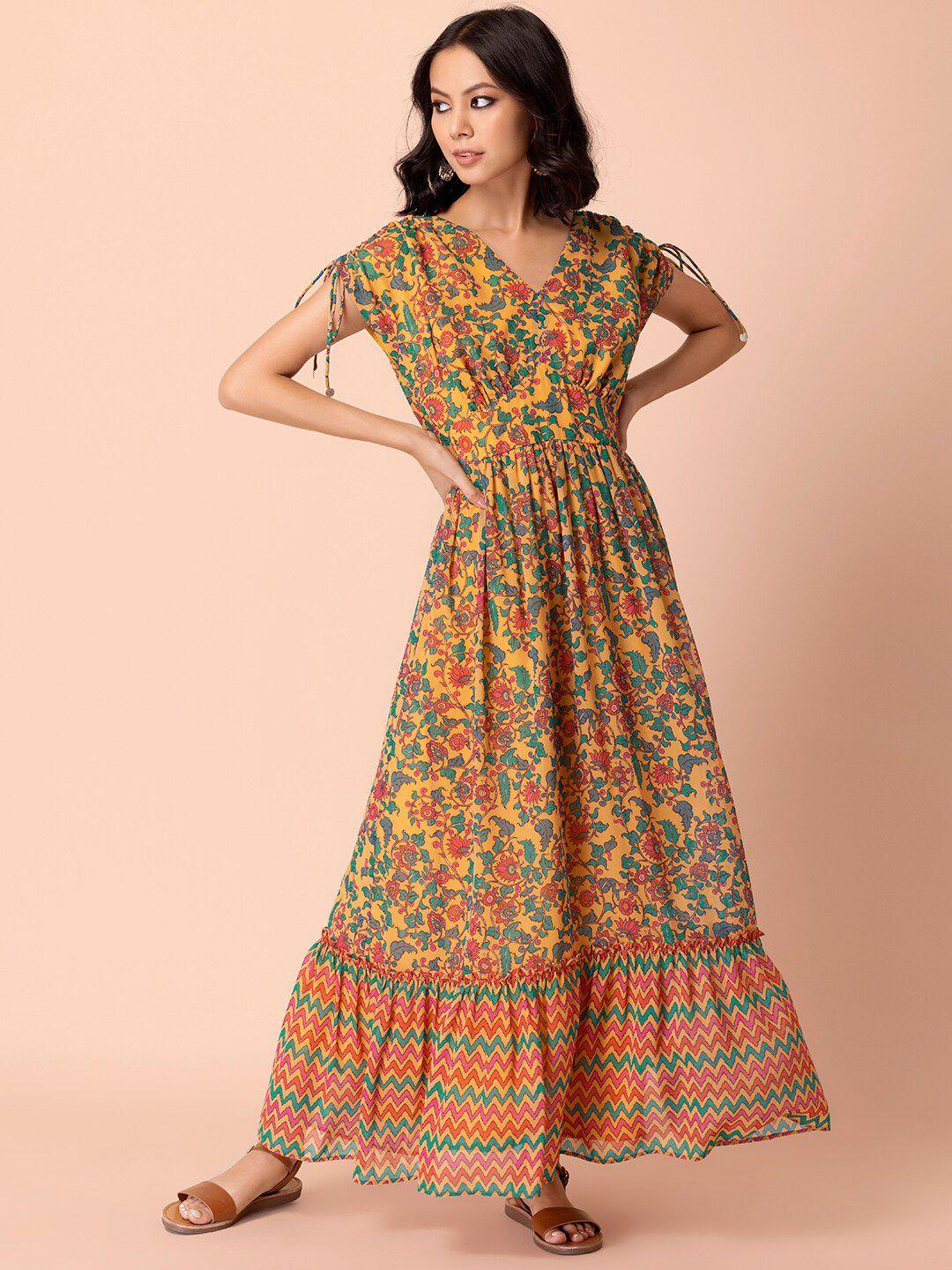 indya women yellow & green floral georgette ethnic maxi dress