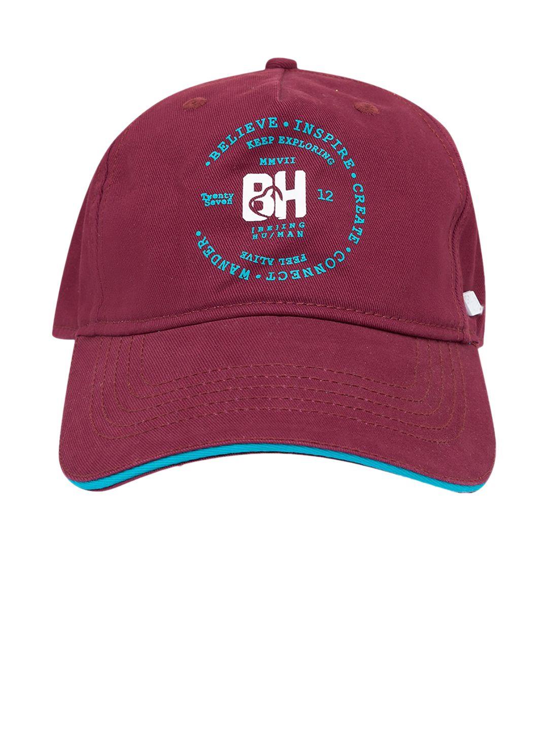 being human men burgundy & blue printed baseball cap