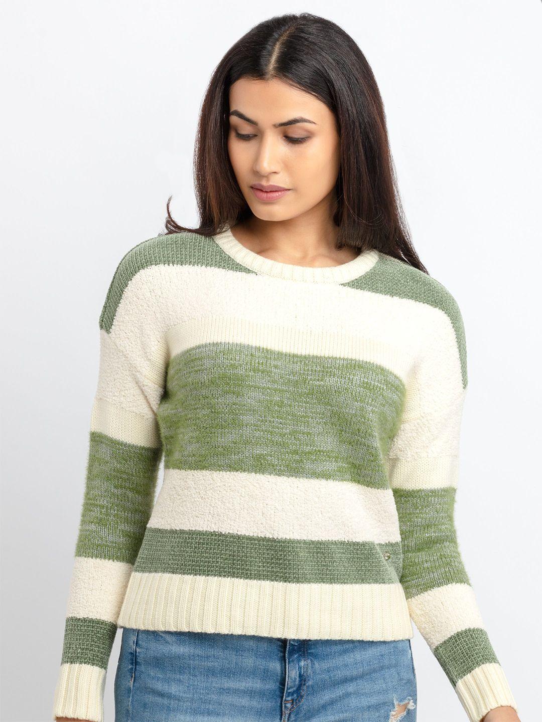 status quo women green & white striped pullover