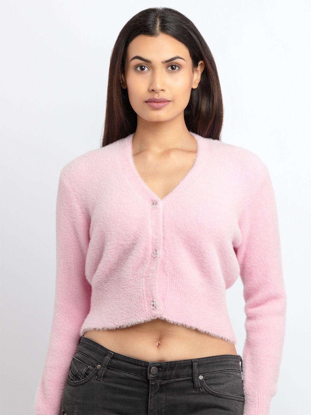 status quo women pink crop cardigan