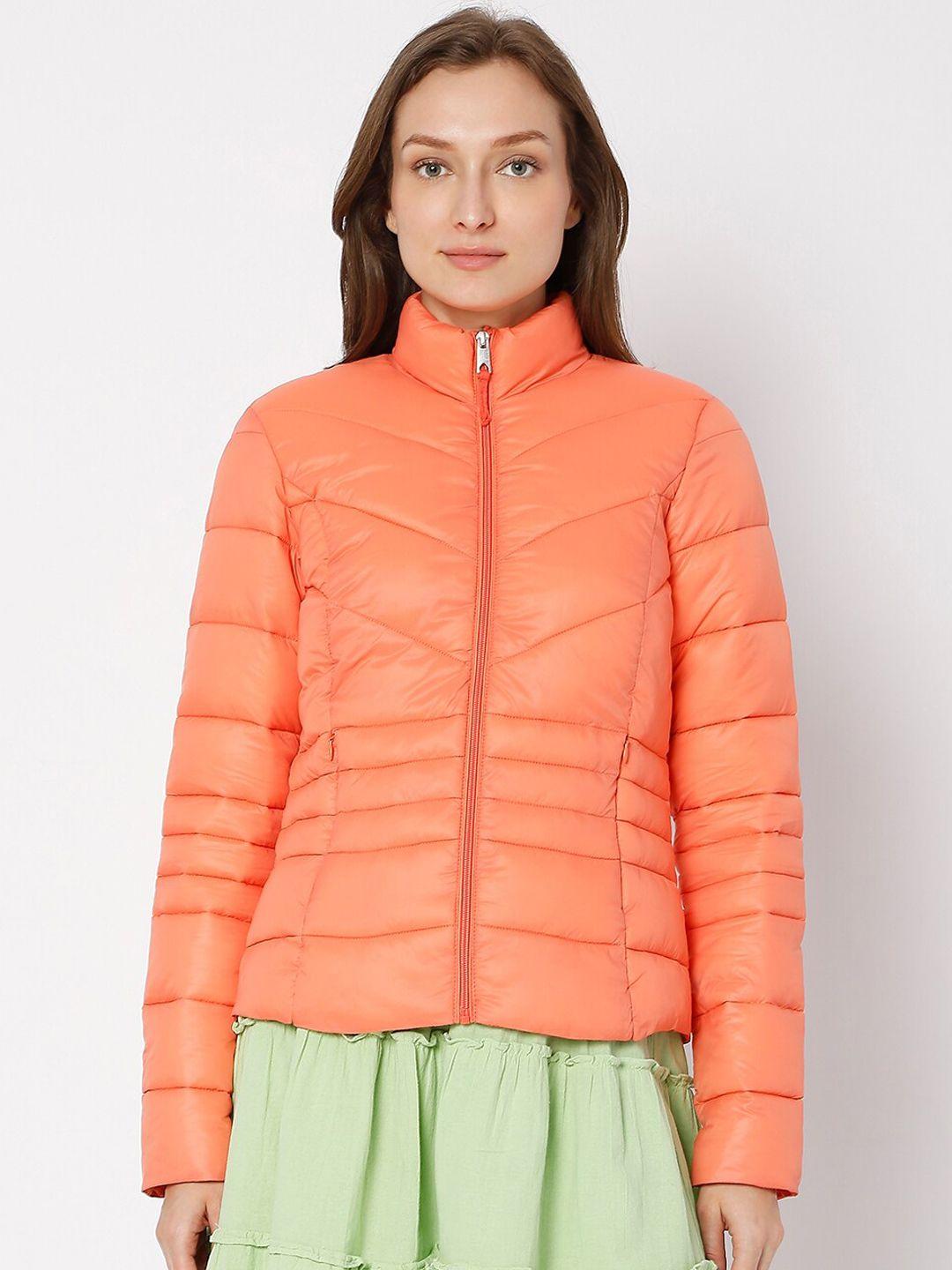 vero moda women orange solid mock collar polyester puffer jacket