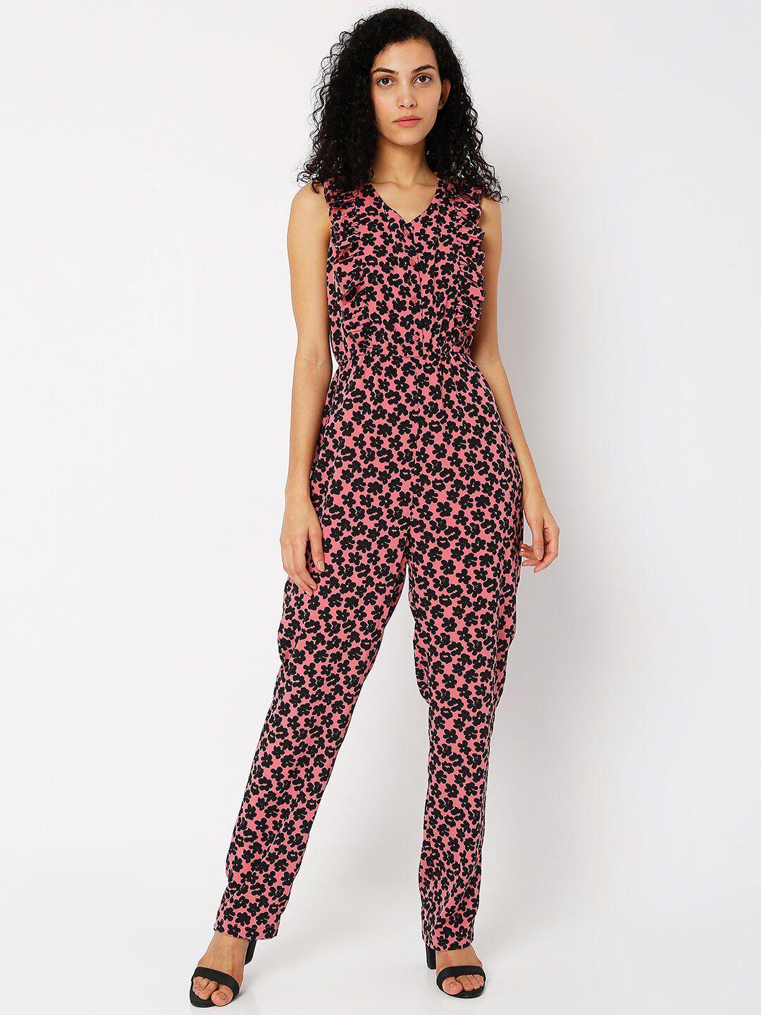 vero moda rose & black printed basic jumpsuit with ruffles