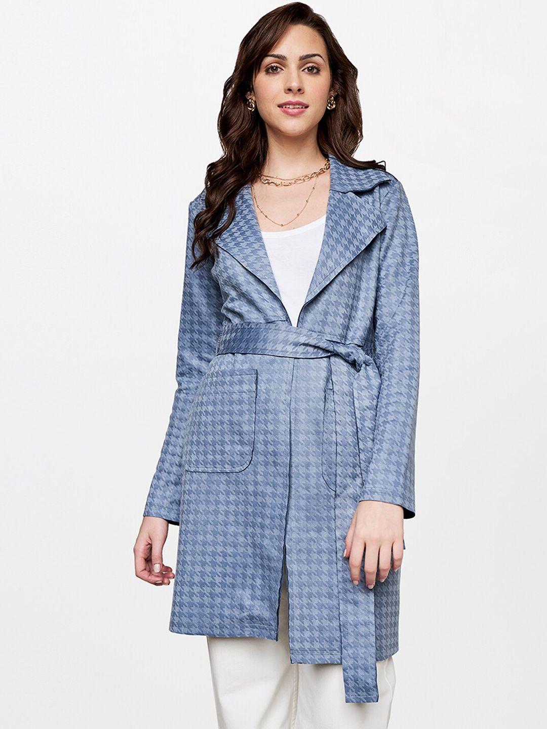 and women blue geometric longline tailored jacket