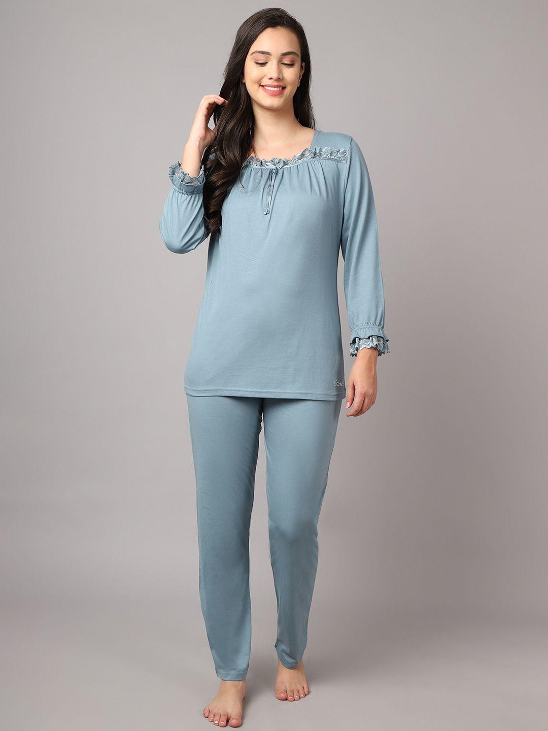 kanvin women blue solid night suit