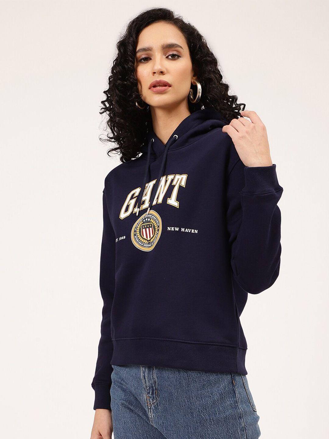 gant women blue printed typography hooded sweatshirt