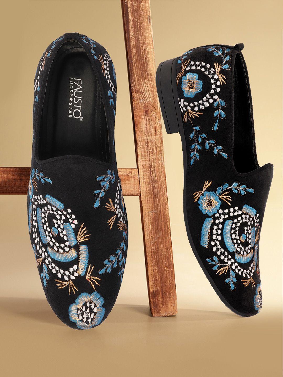 fausto men blue floral printed velvet loafers