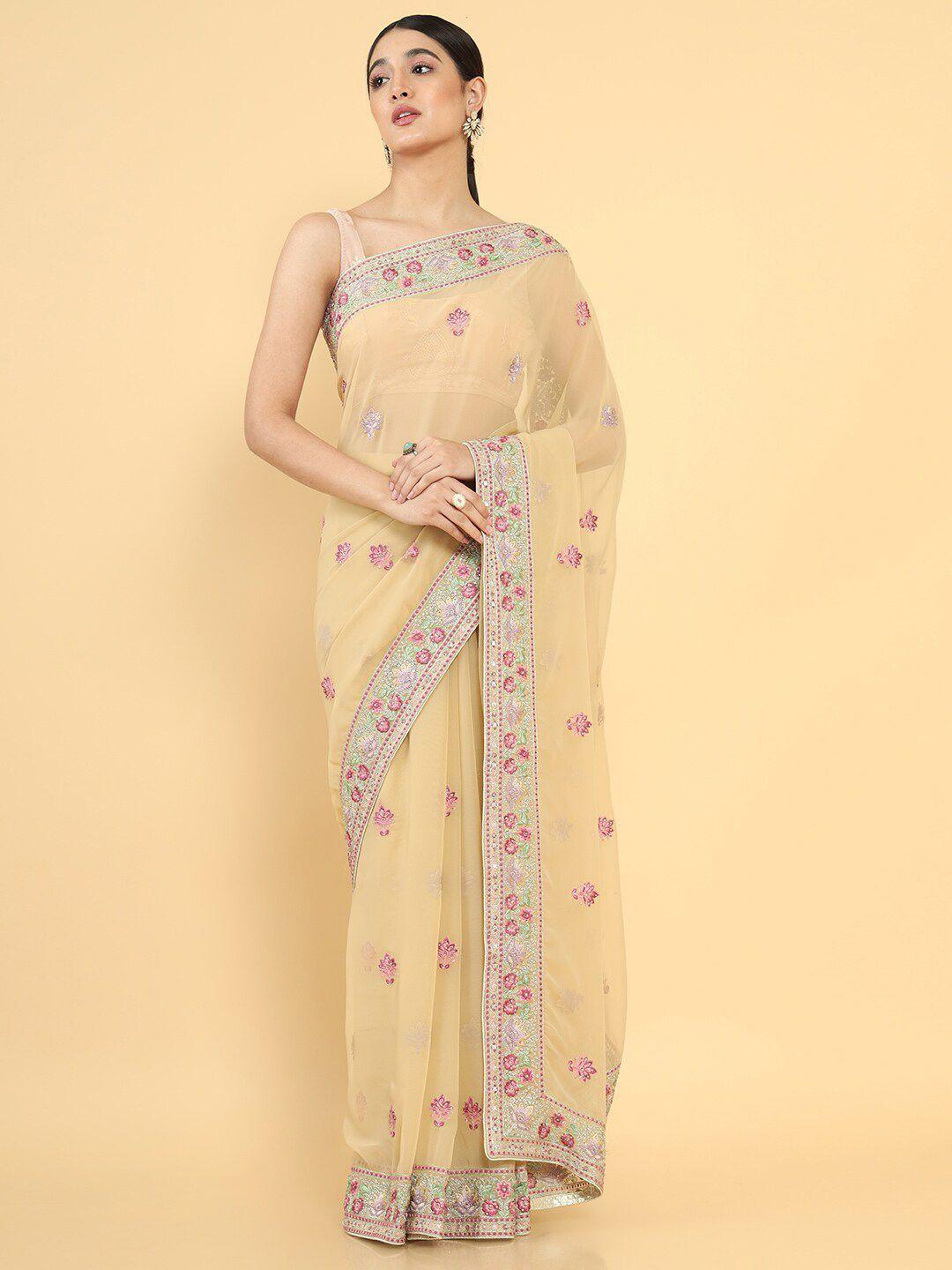 soch beige & pink floral embroidered pure georgette saree