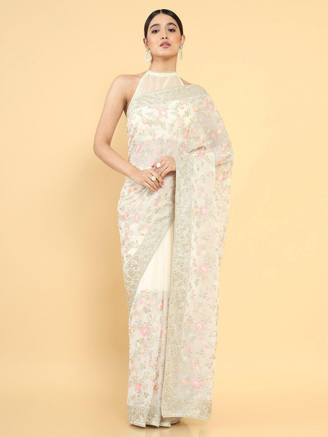 soch cream-coloured & pink floral embroidered pure georgette saree