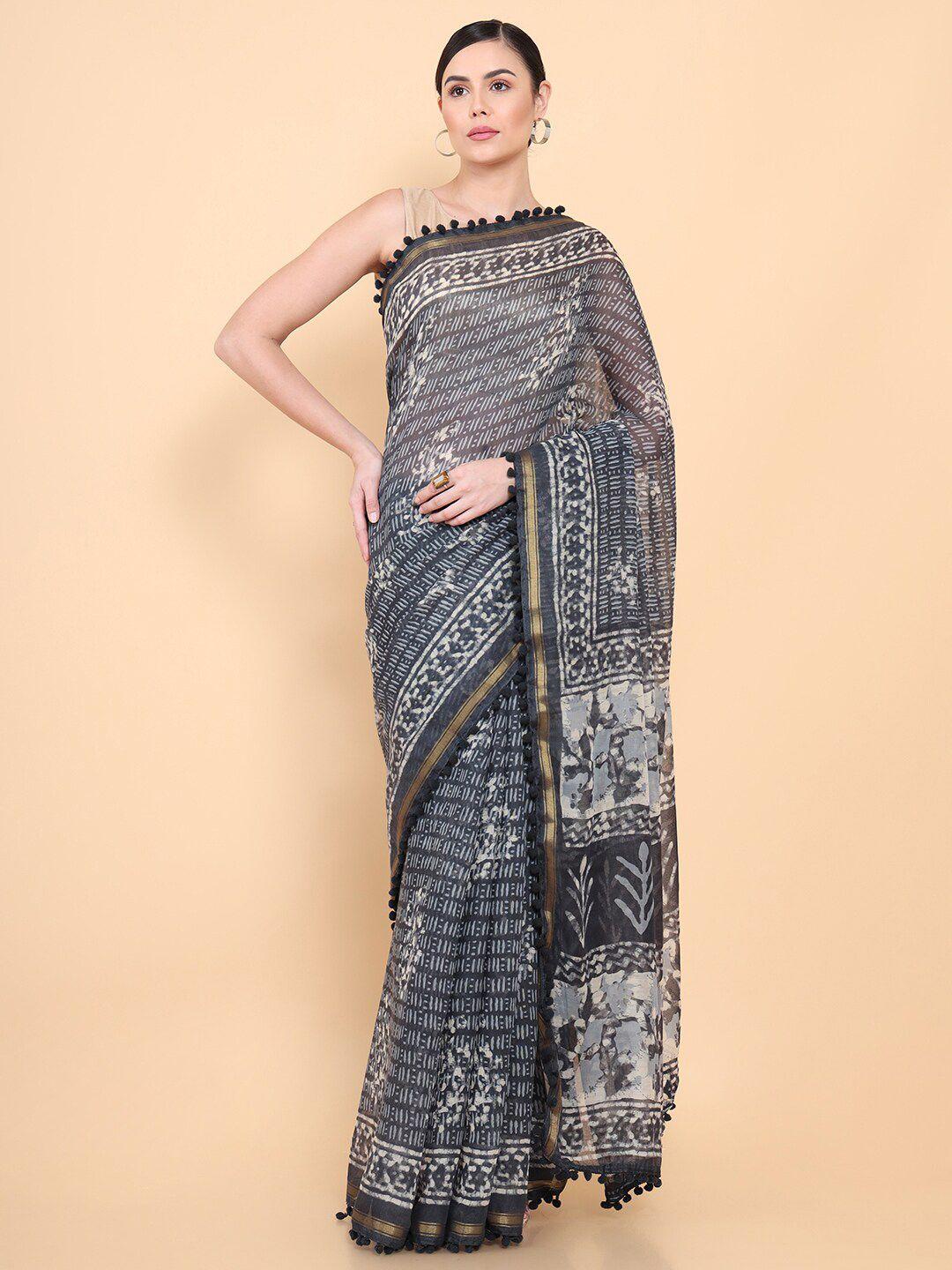 soch grey & beige batik printed pure cotton saree