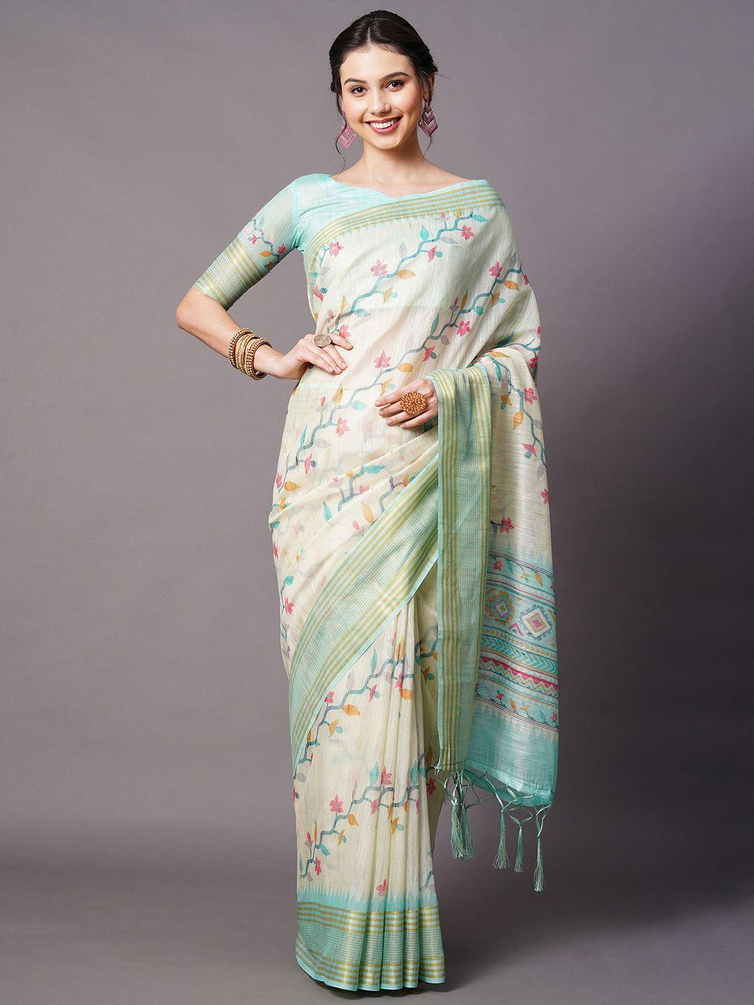 mitera cream-coloured & blue ethnic motifs linen blend saree