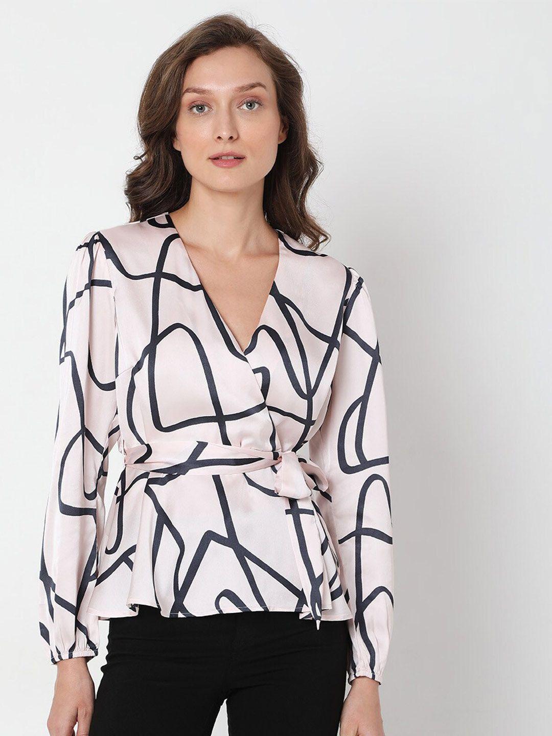 vero moda pink & navy blue geometric print bishop sleeves wrap top