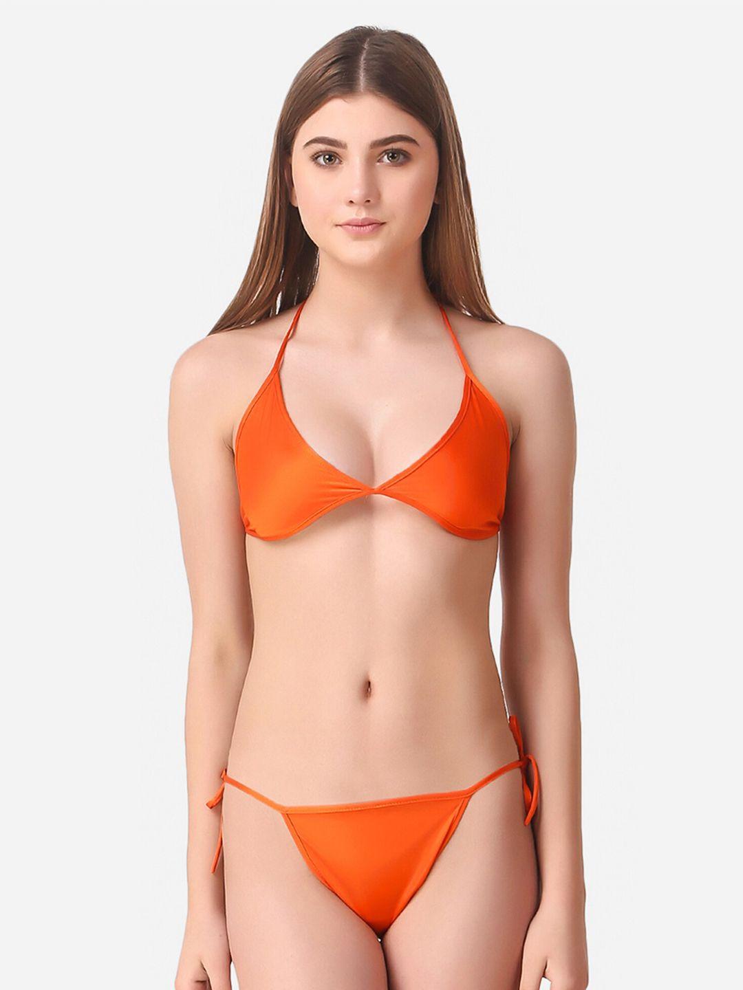 romaisa orange solid satin above knee length robe with bra & thong