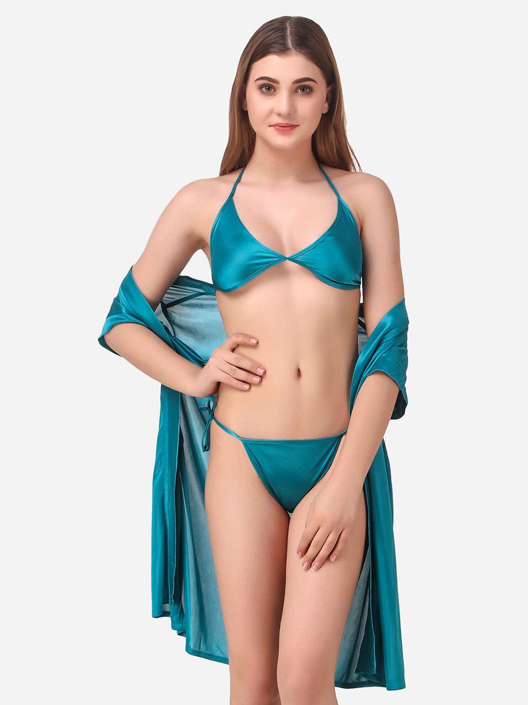 romaisa blue solid satin above knee length robe with bra & thong