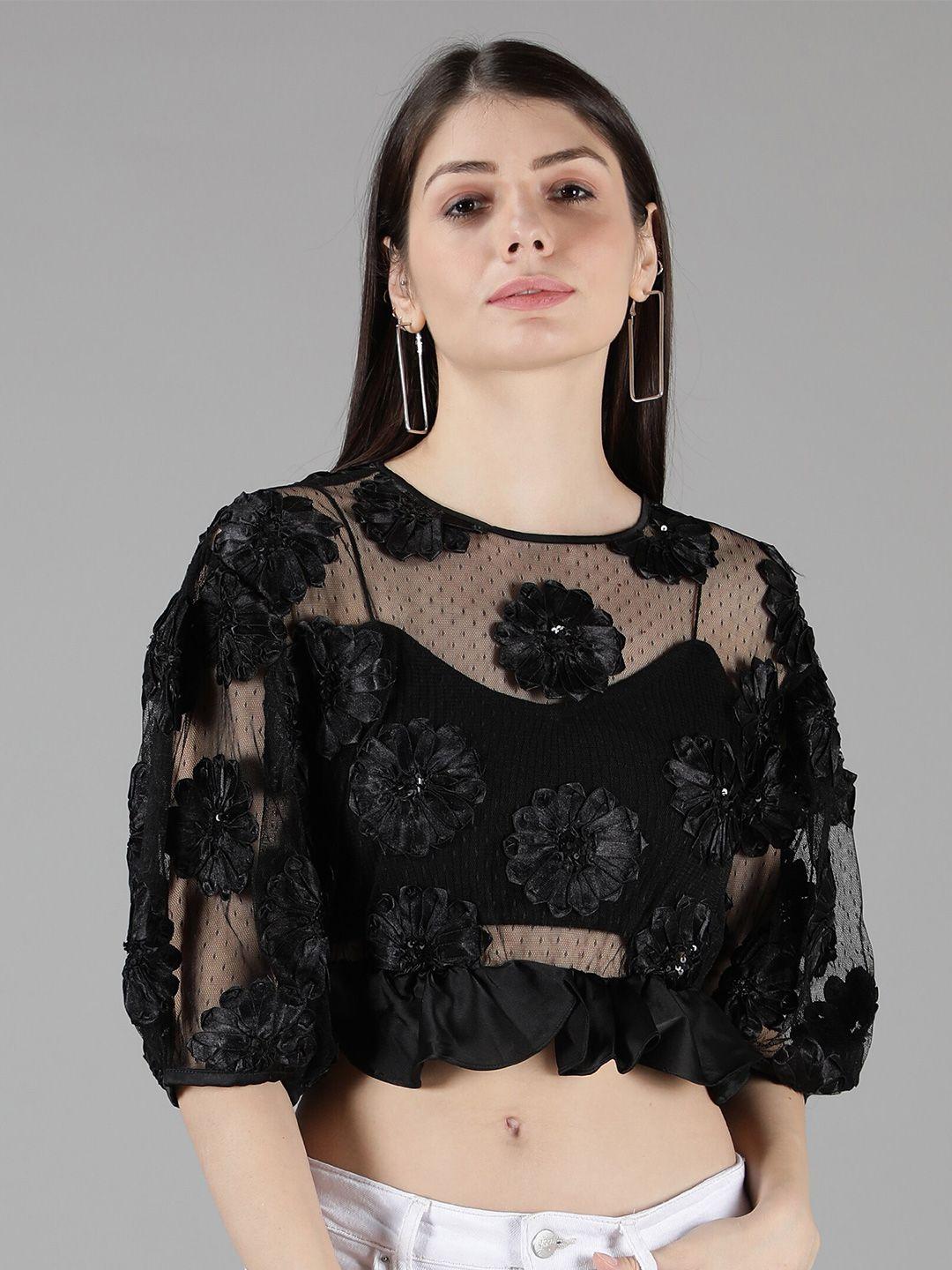 amagyaa women black floral embellished sheer net peplum crop top