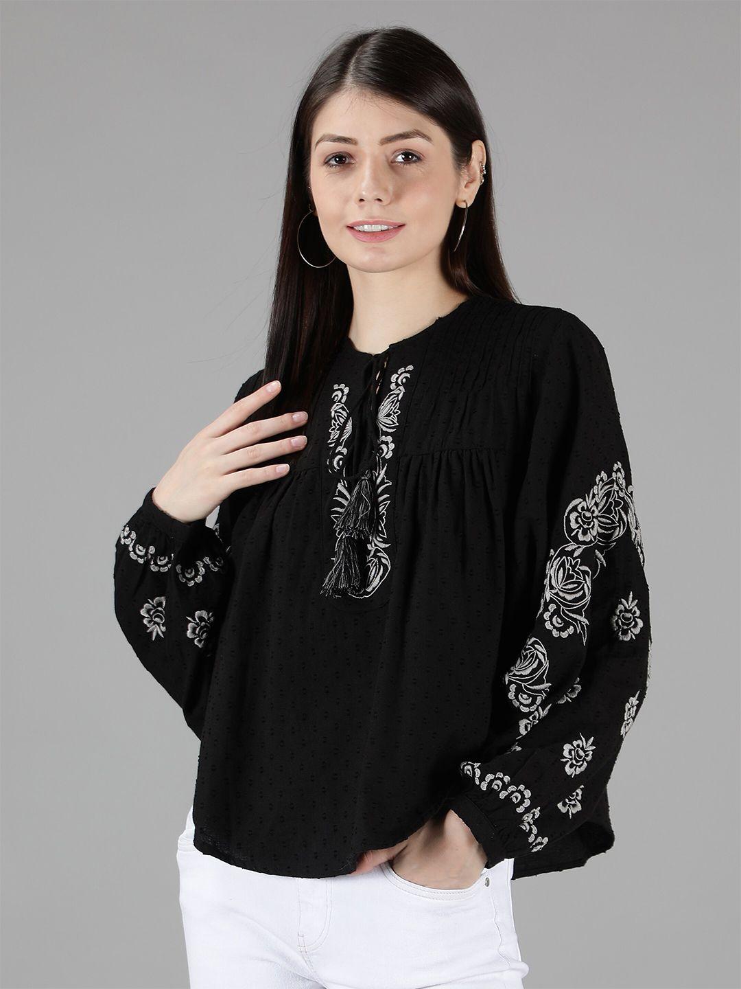 amagyaa women black embroidered tie-up neck bohemian empire top