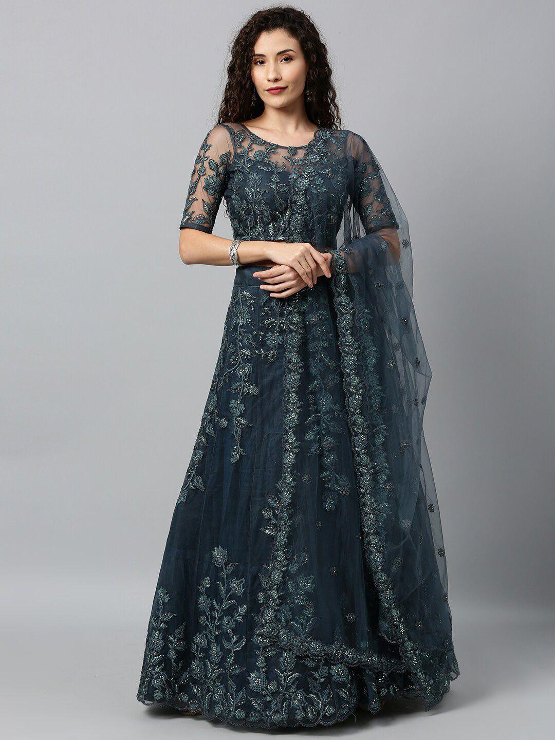 panchhi teal embellished thread work semi-stitched lehenga & unstitched blouse with dupatta