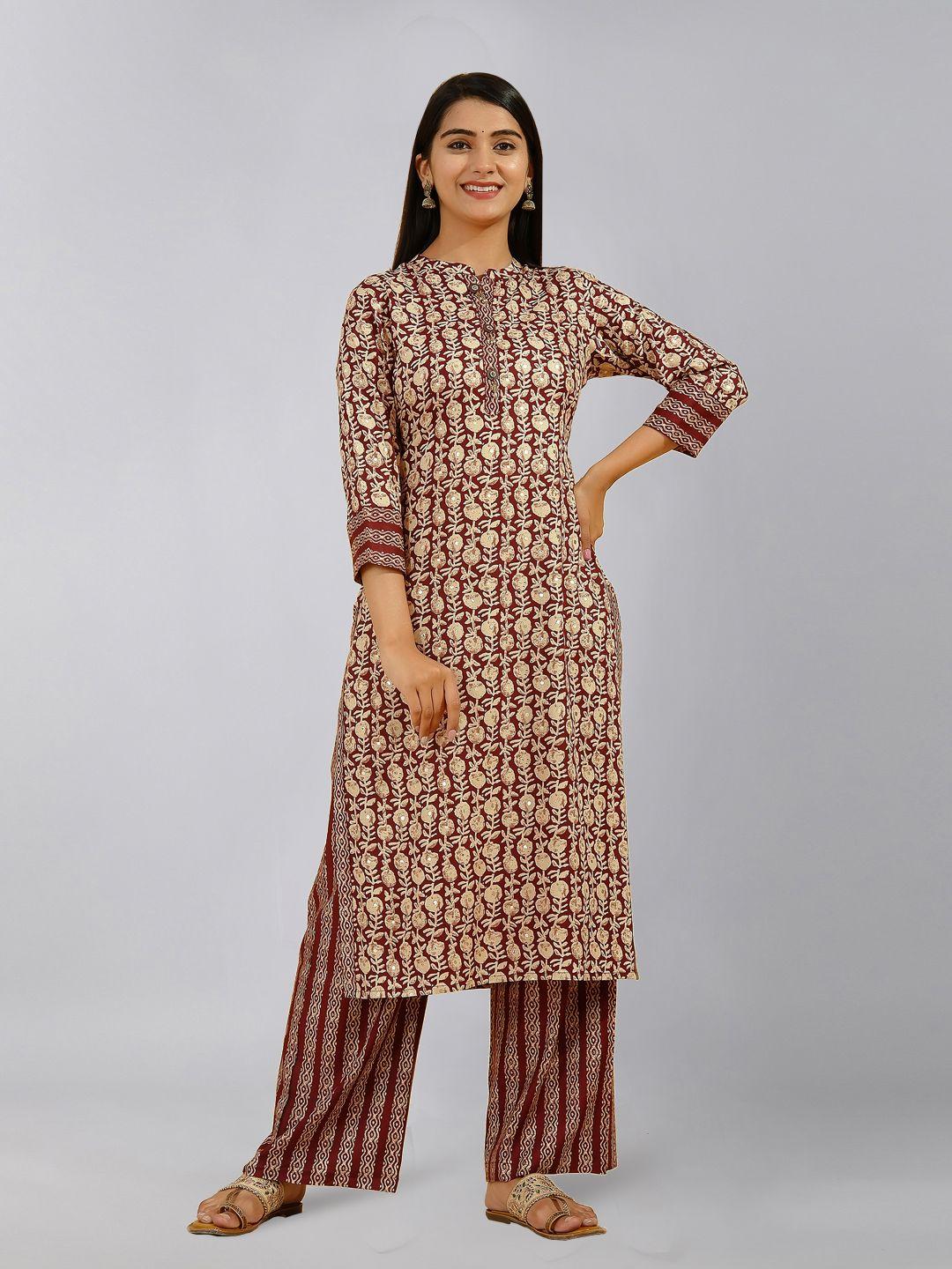 kipek women brown floral printed kurti with palazzos