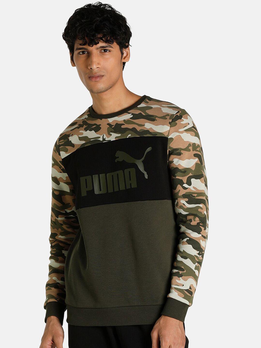 puma men olive green essentials+ camo crewneck sweatshirt