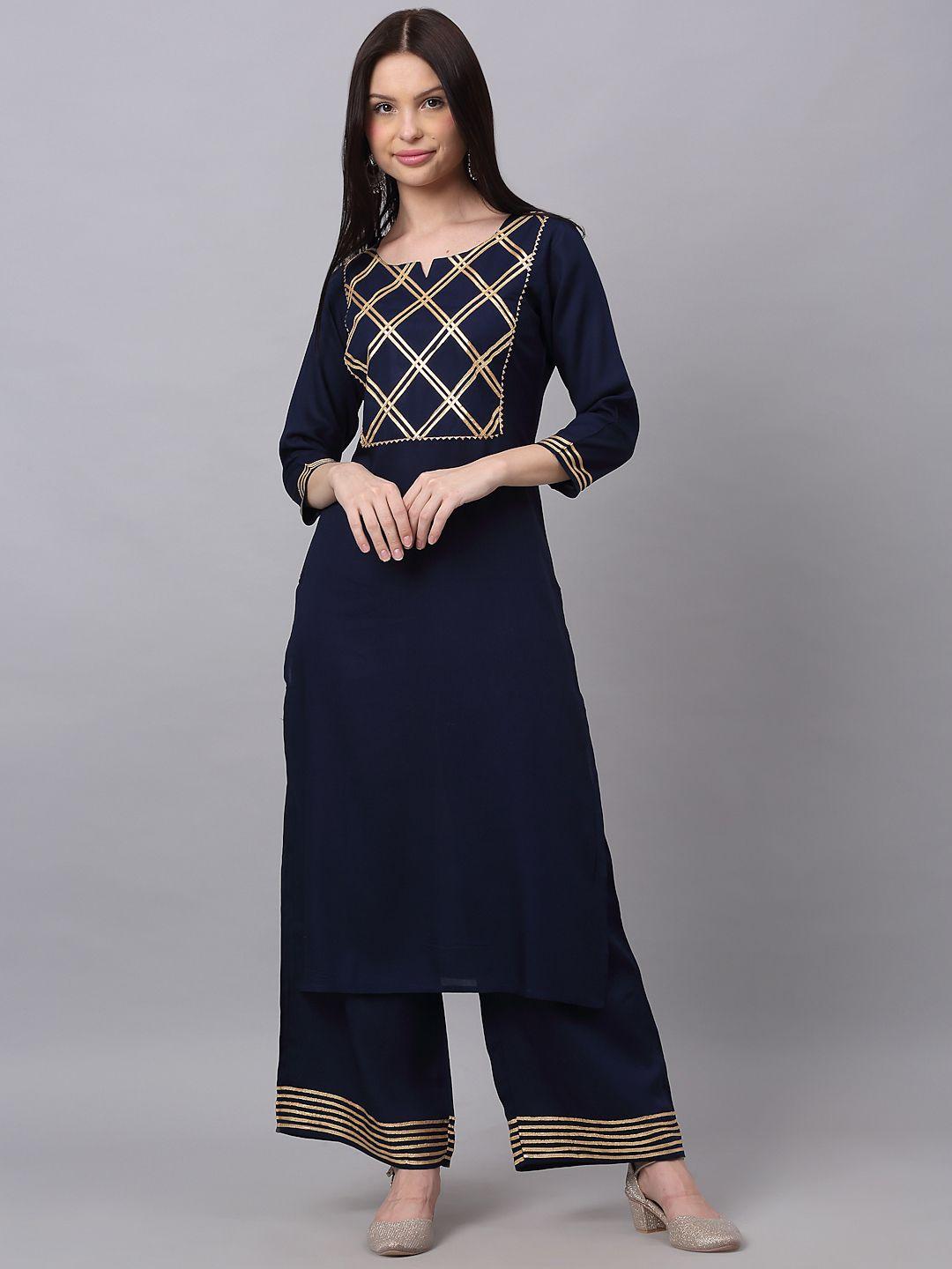 doriya women navy blue yoke design gotta patti kurta with palazzos