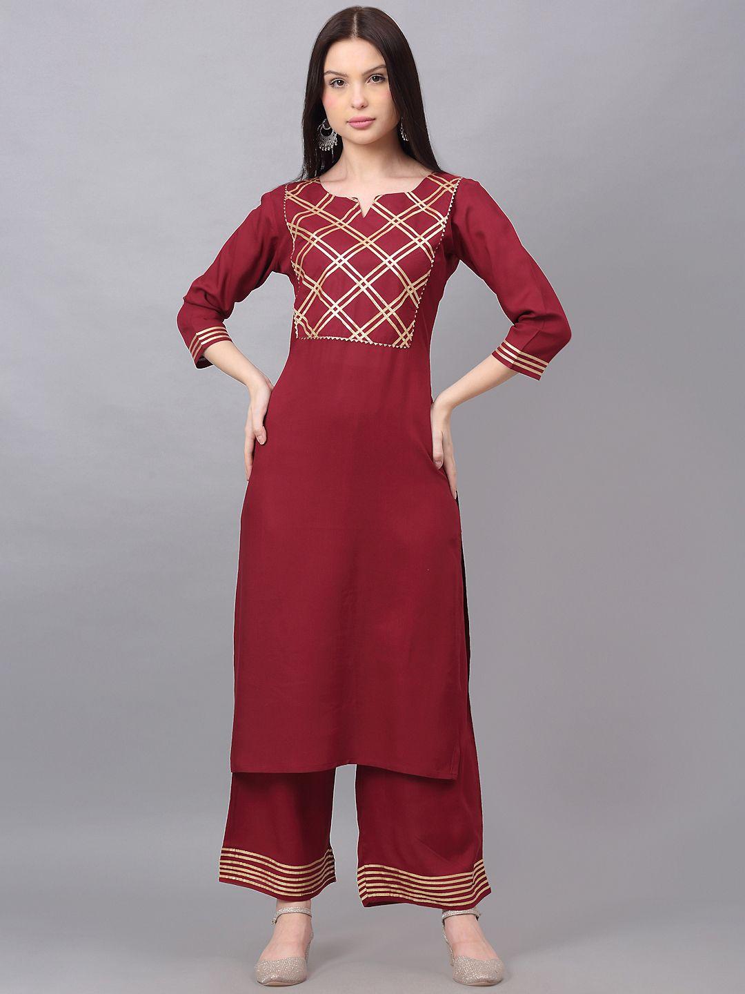 doriya women maroon yoke design gotta patti kurta with palazzos