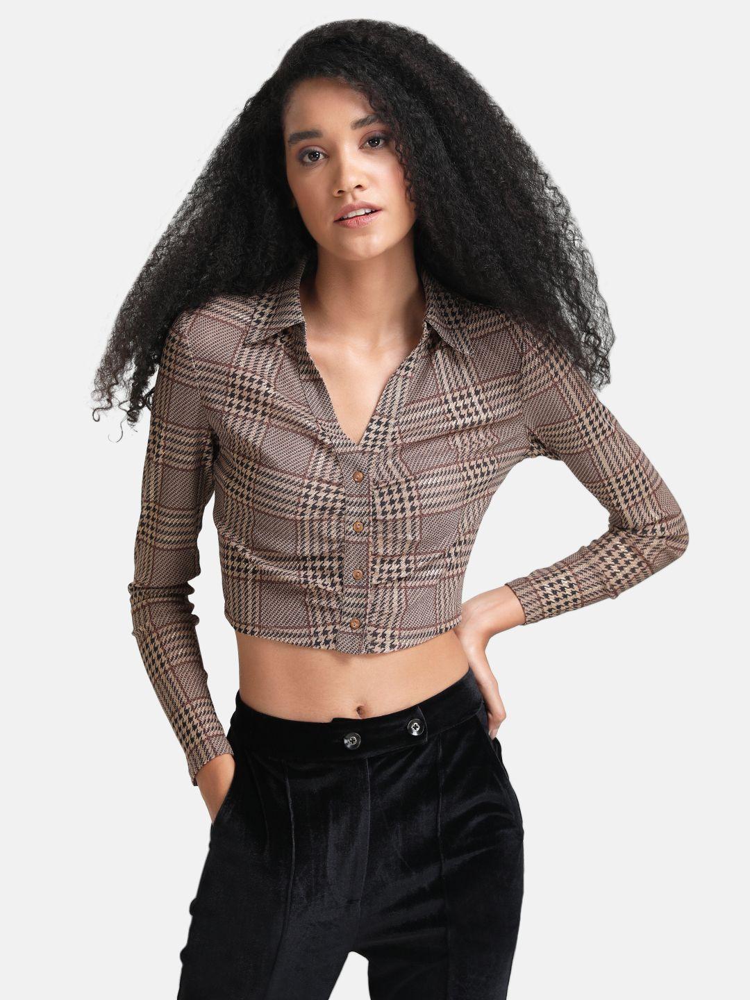 kazo women brown skinny fit checked casual shirt