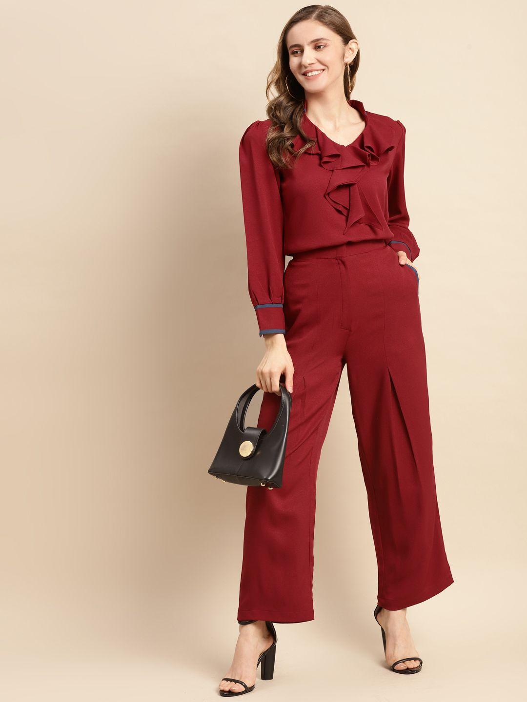 woowzerz women maroon solid ruffled top & palazzos set