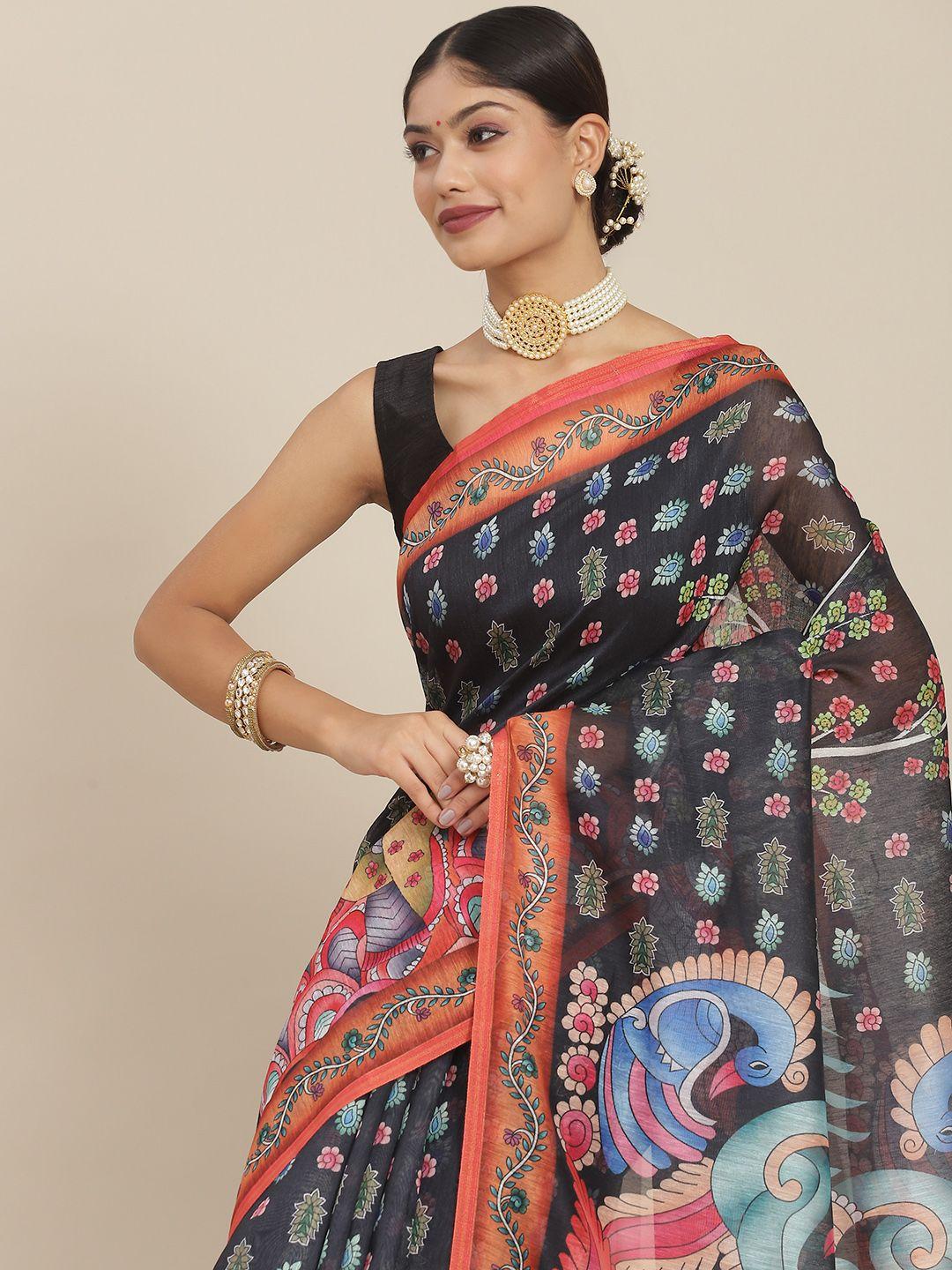 ishin black cotton blend ethnic motifs saree