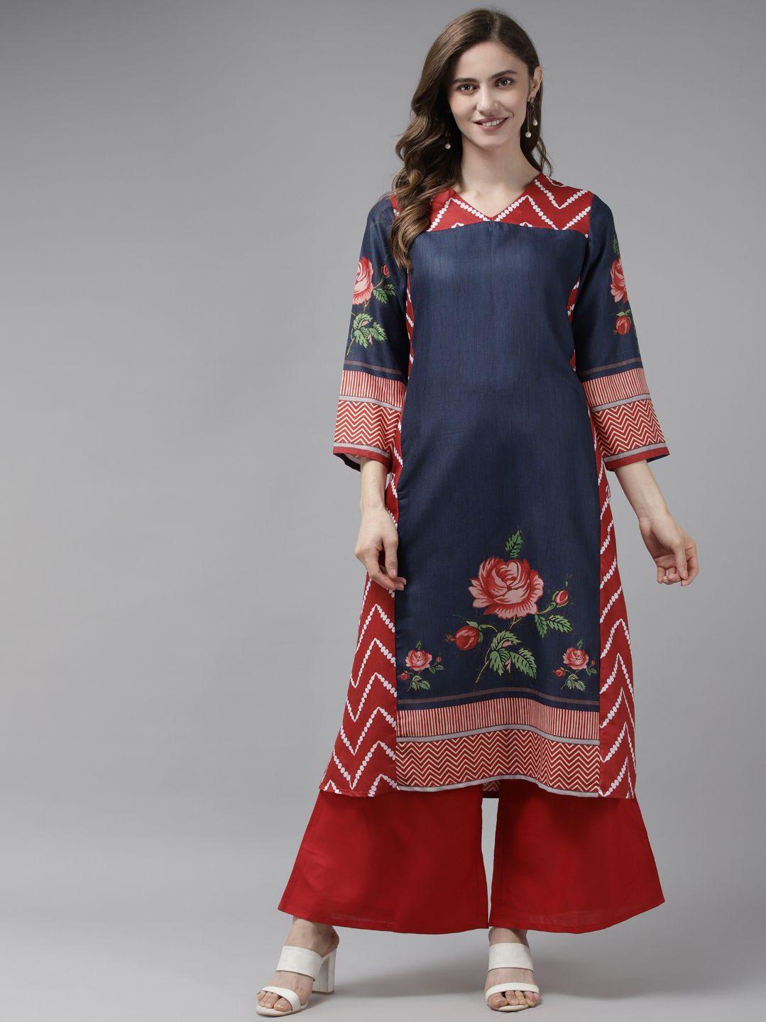 bhama couture women blue floral printed kurta with palazzos