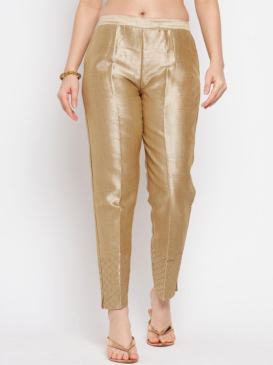 clora creation women gold-toned textured smart easy wash pleated trousers