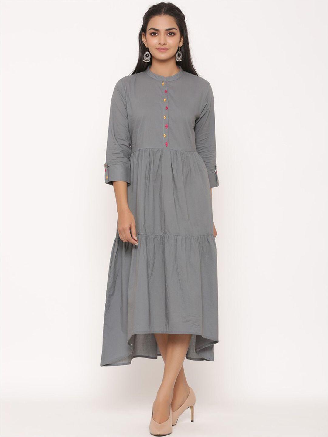 suti grey ethnic tiered midi dress