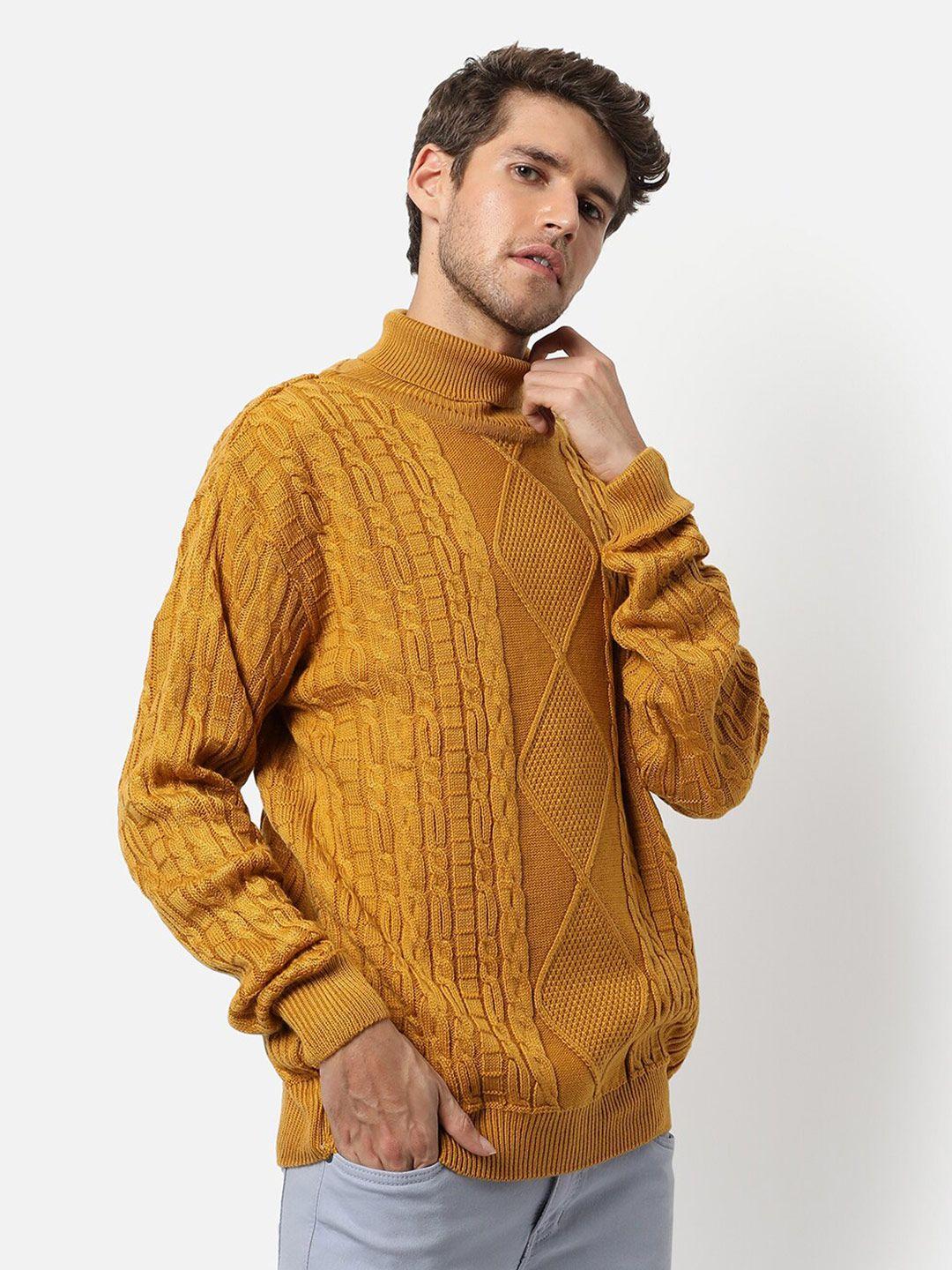 campus sutra men mustard cable knit pullover