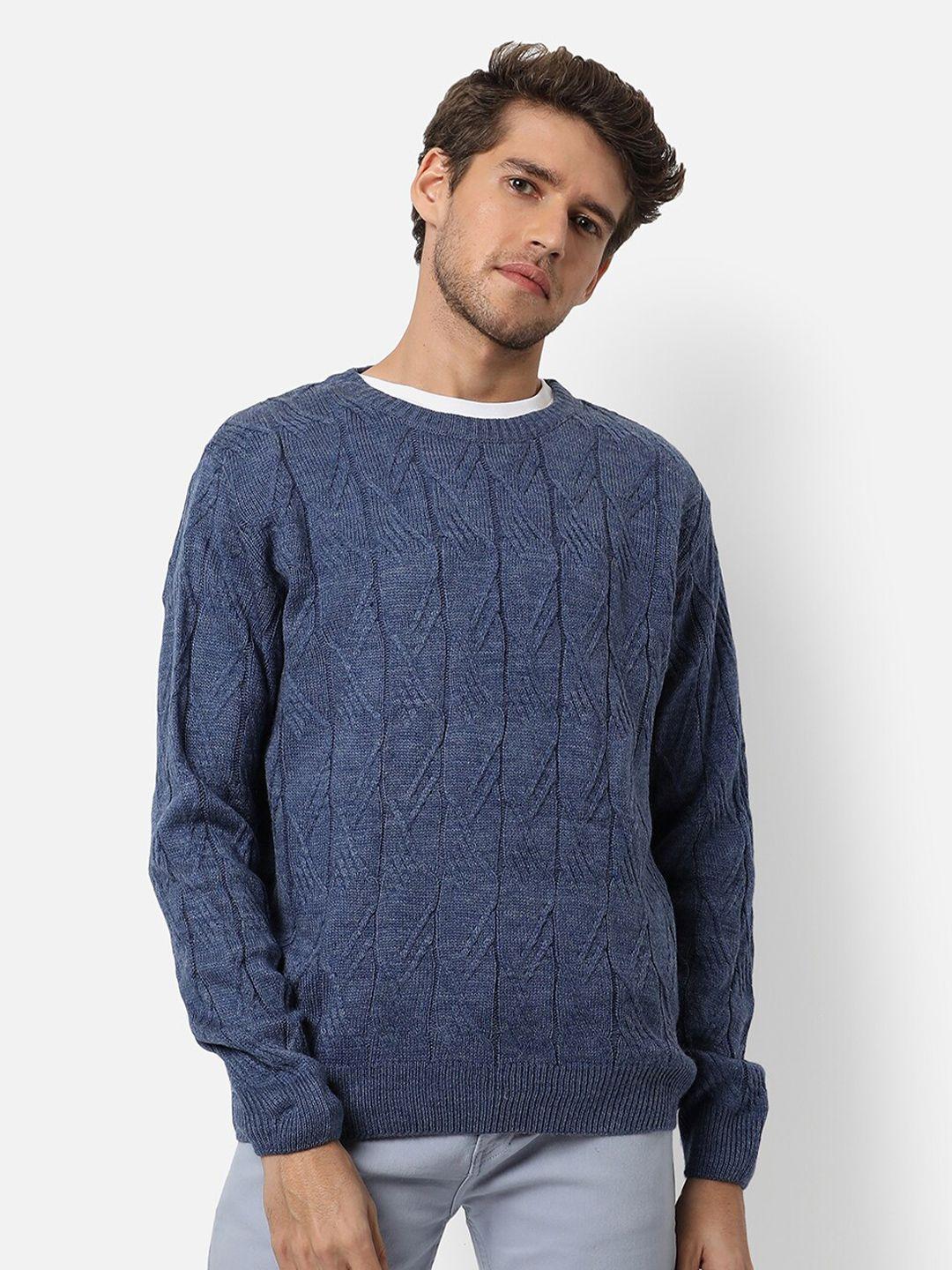 campus sutra men navy blue cable knit pullover