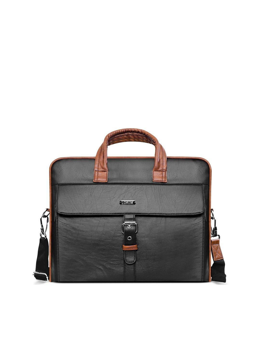 lorem men black leather textured laptop bag