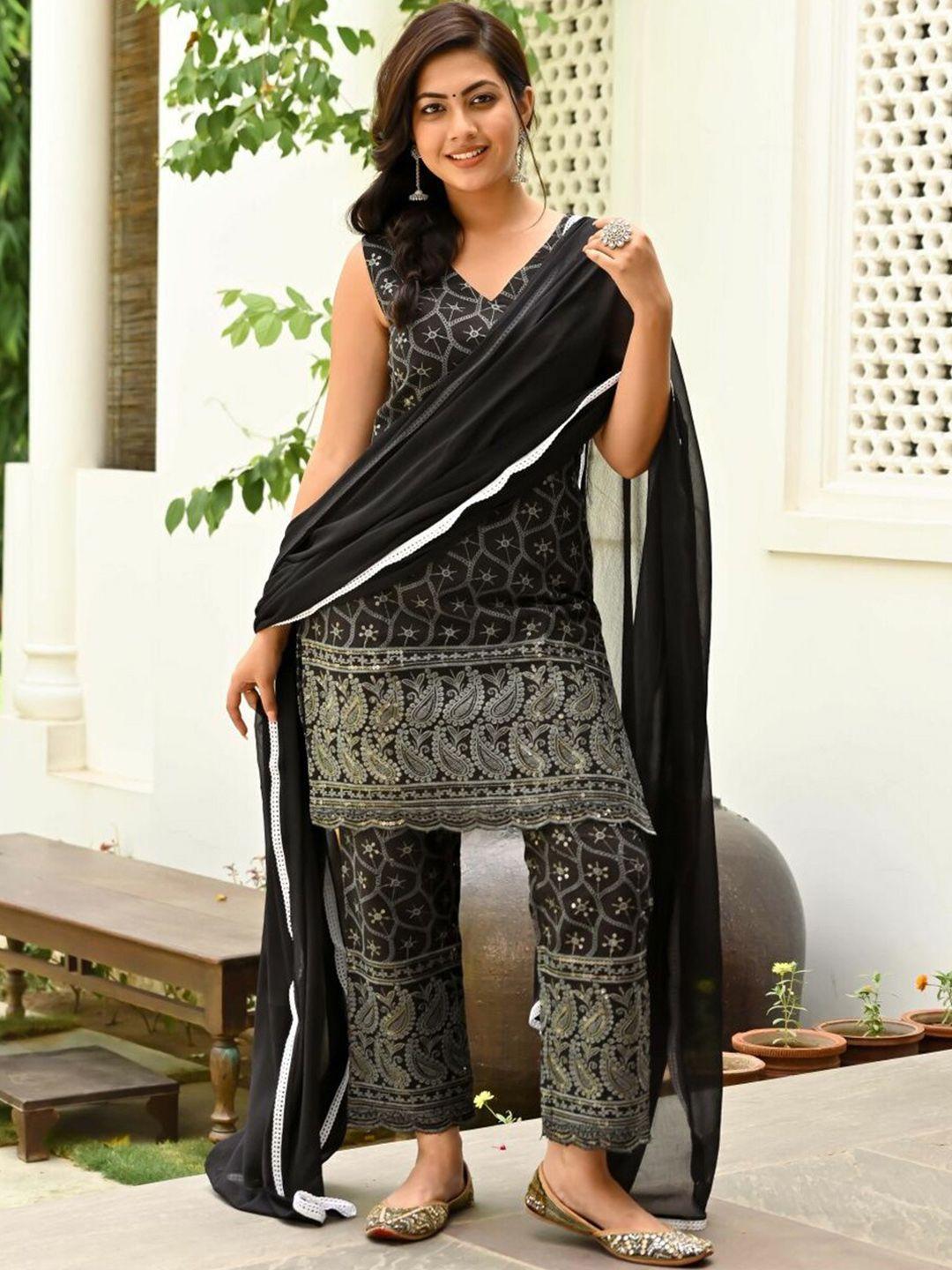 lavanya the label women black ethnic motifs embroidered sequinned pure cotton kurta with trousers & with