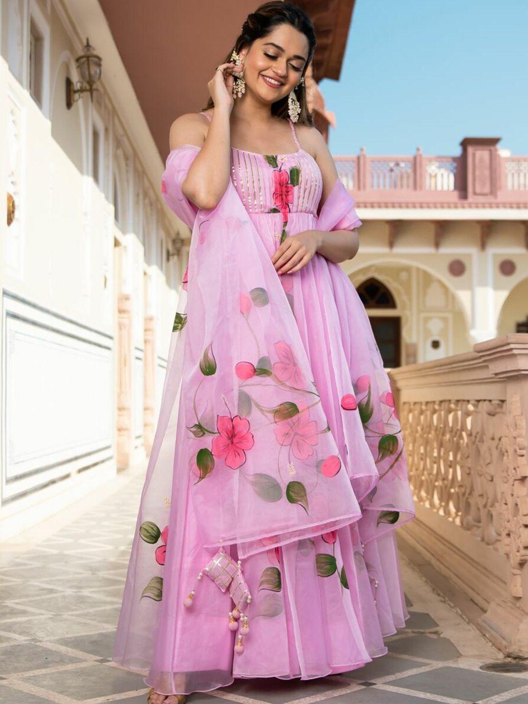 lavanya the label women pink floral printed kurta with churidar & with dupatta