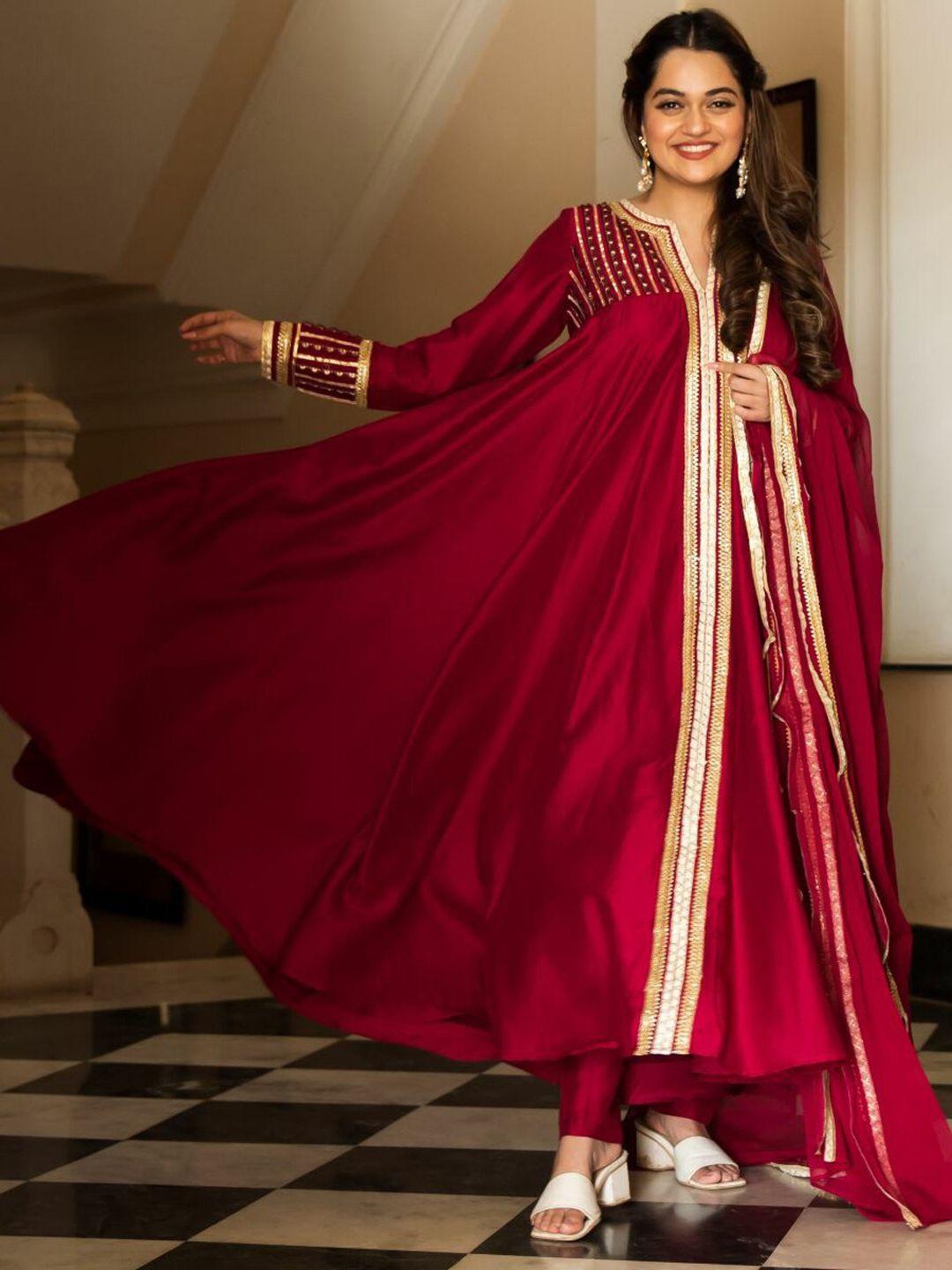 lavanya the label women maroon embroidered empire kurta with trousers & with dupatta