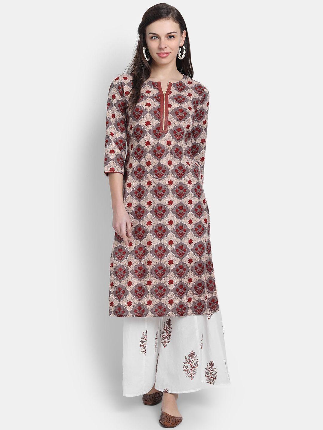 suti women red floral printed pure cotton kurta with palazzos & with dupatta