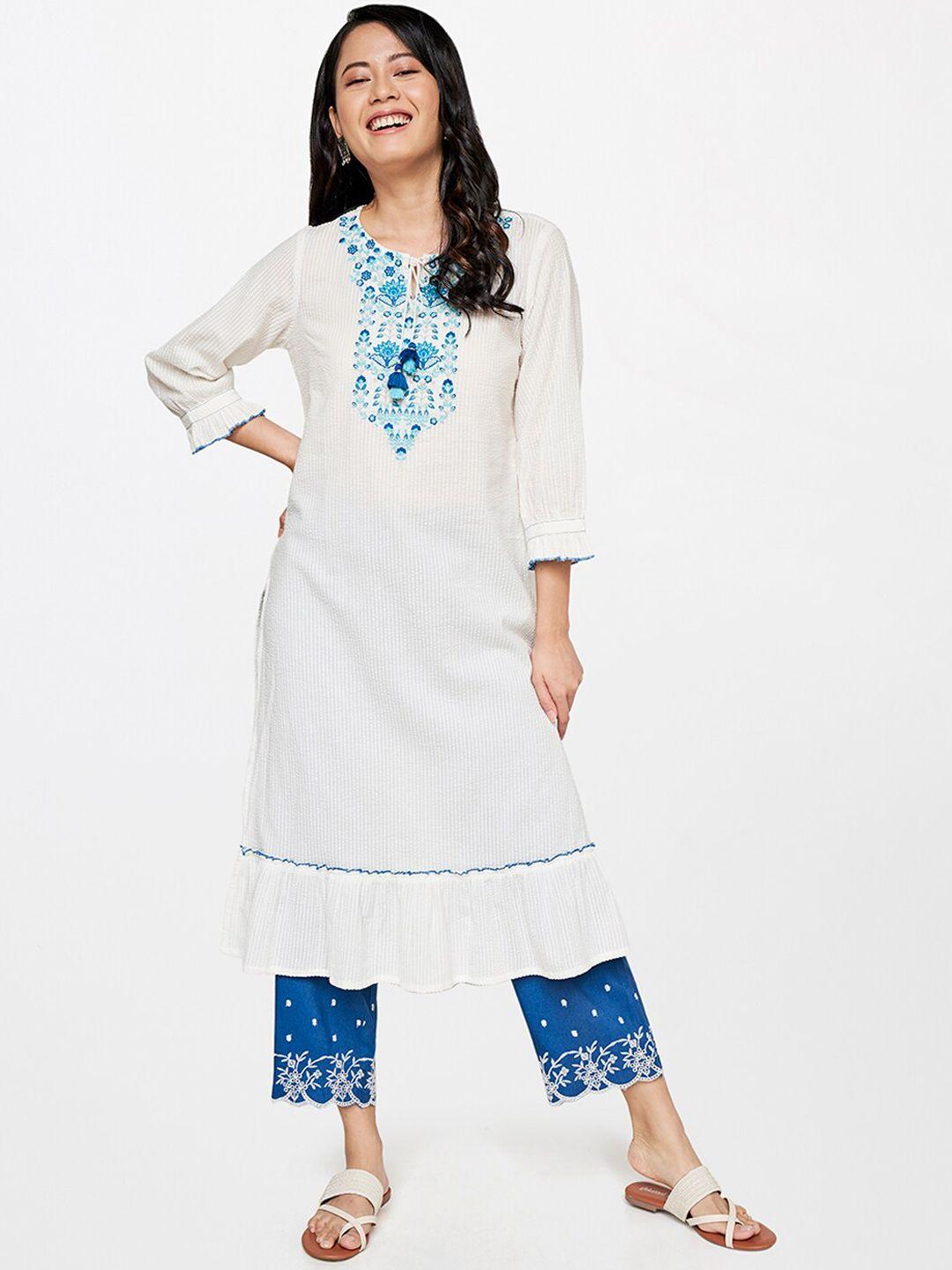 global desi women white yoke design thread work kurta