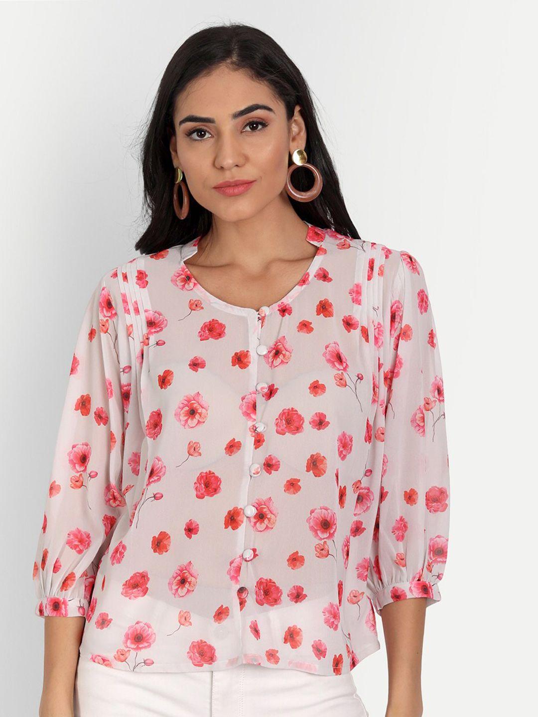 masakali co women cream-coloured & pink floral print georgette top