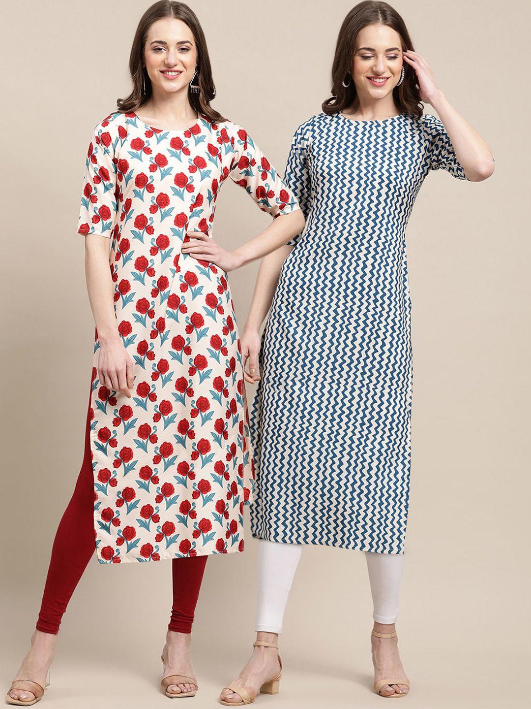 kalini women blue & red pack of 2 geometric printed summer sheers crepe kurta