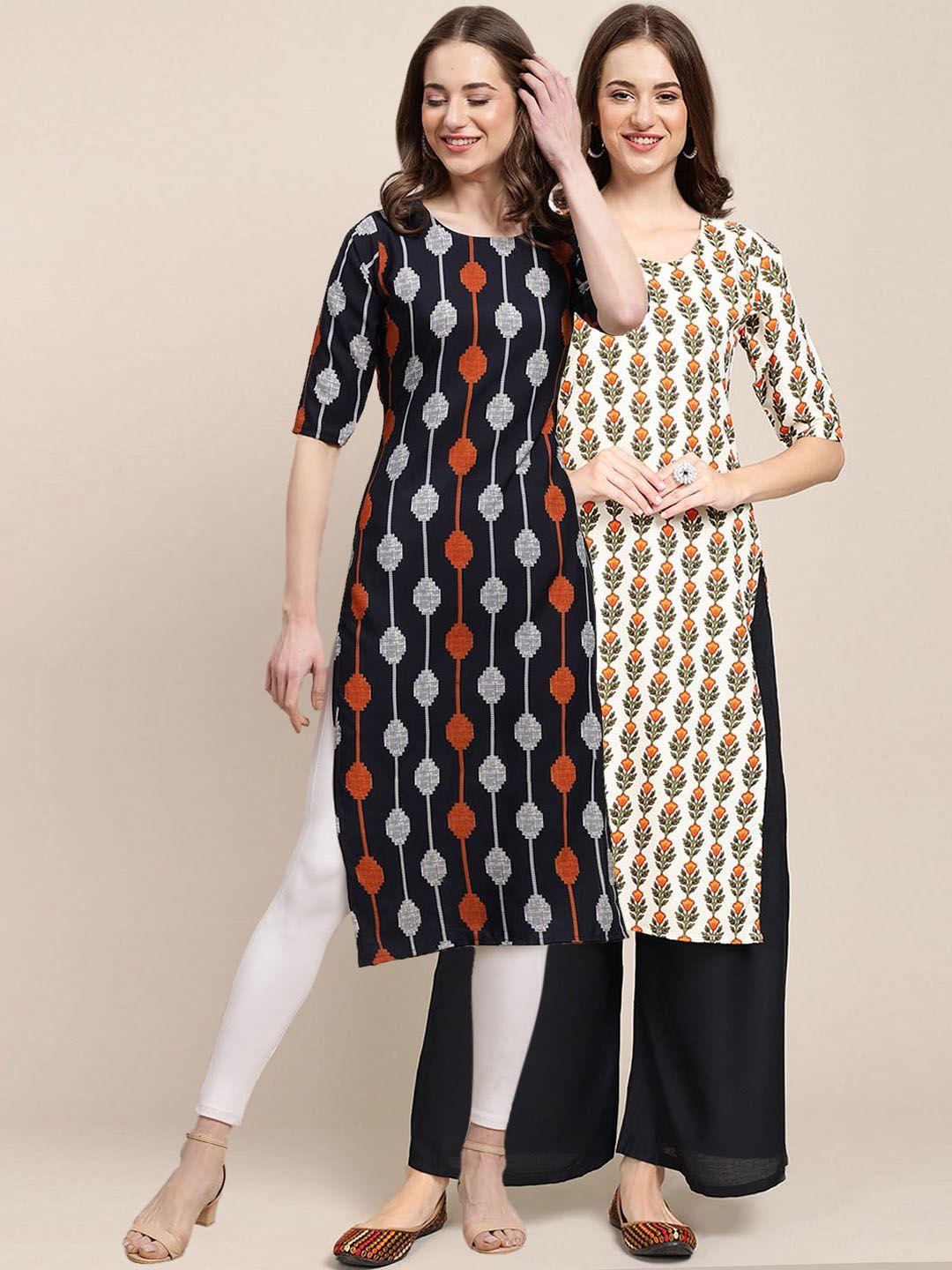 kalini women black & off white set of 2 ethnic motifs printed crepe kurta