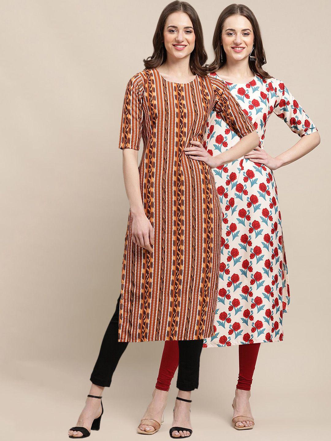 kalini women off white & orange set of 2 ethnic motifs printed crepe kurta