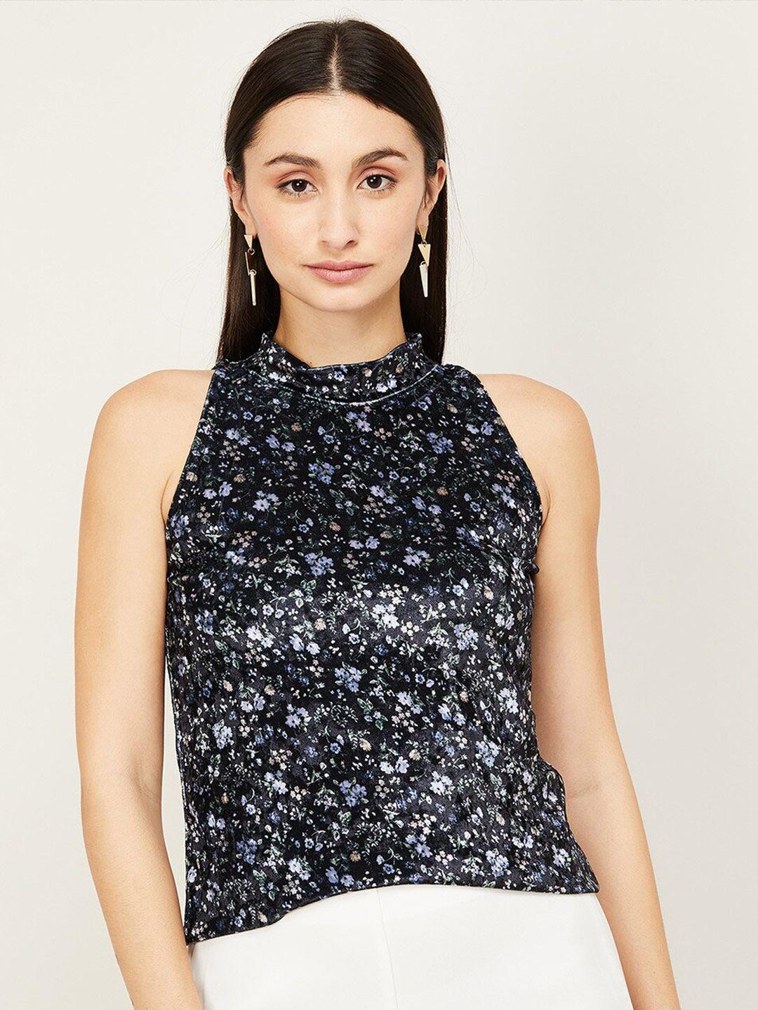 code by lifestyle black & blue floral printed top