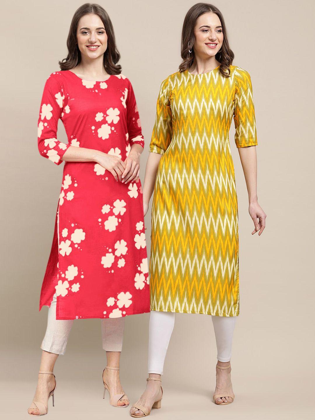 kalini women pack of 2 yellow & coral printed crepe straight kurta