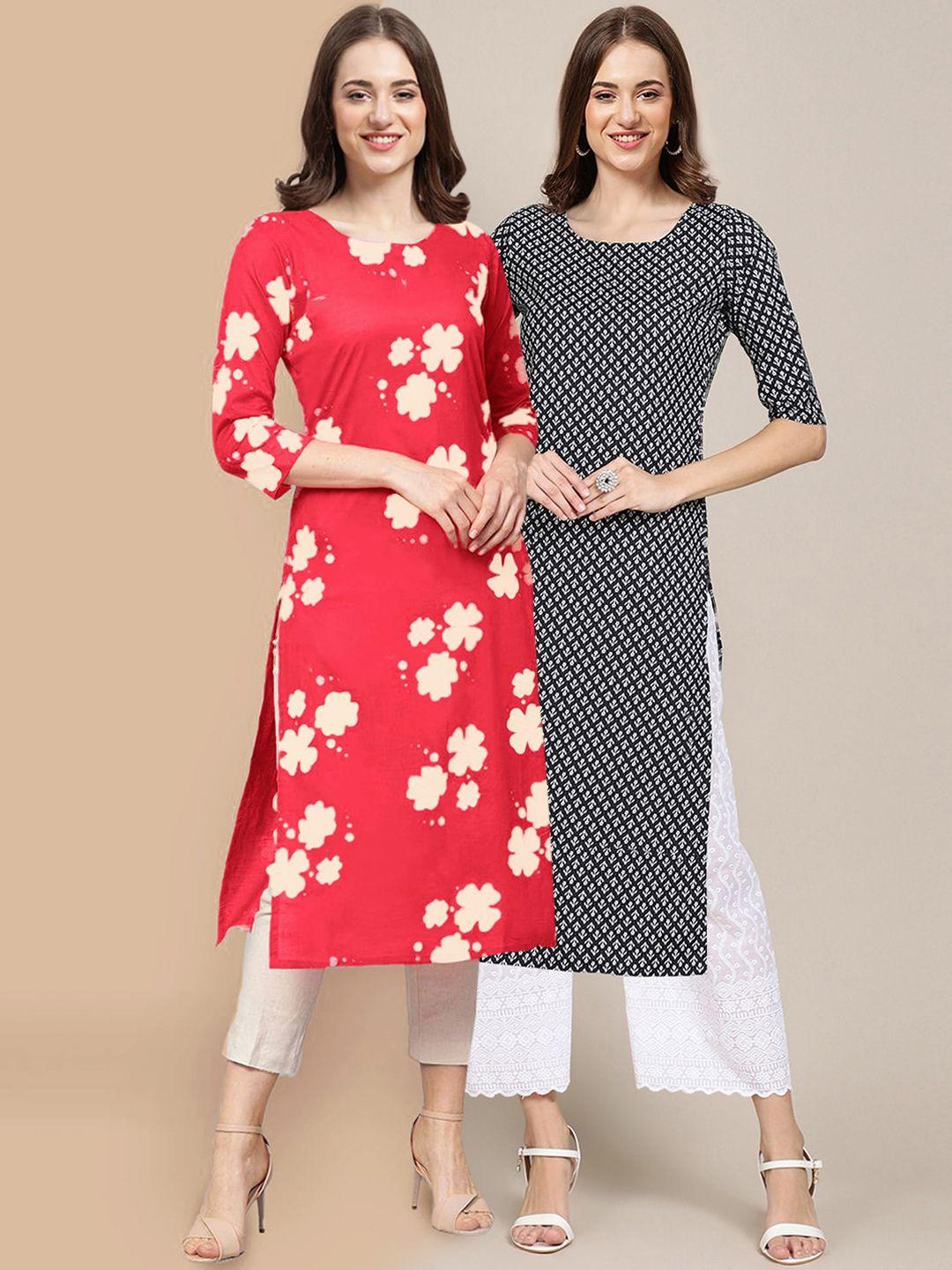 kalini pack of 2 women red & black floral printed block print handloom crepe kurta