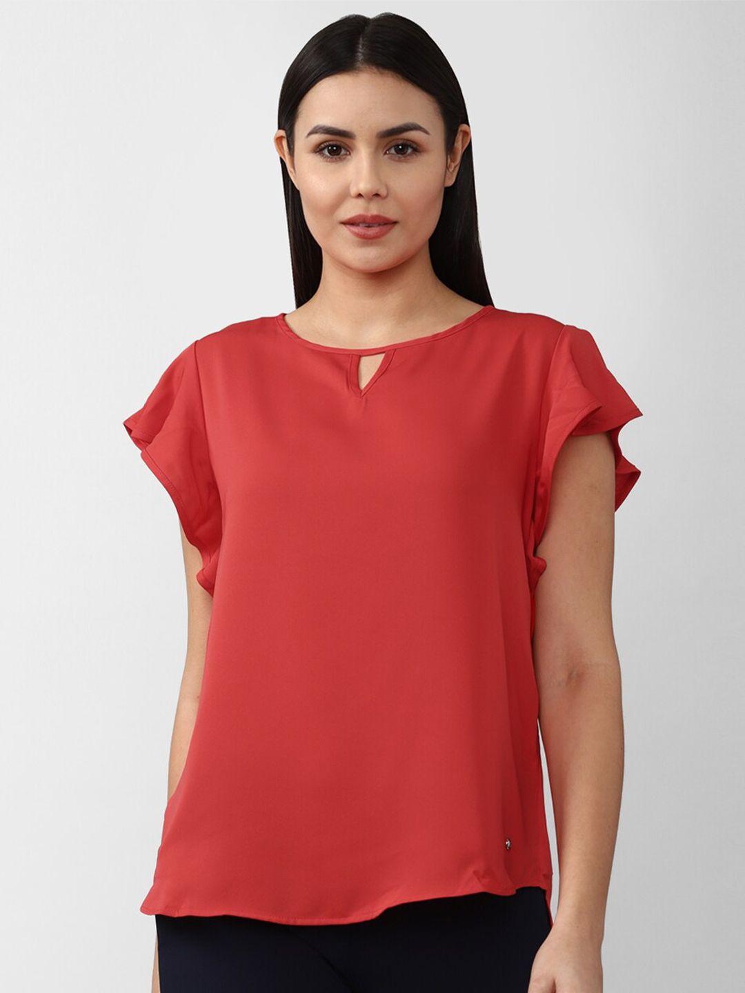 van heusen woman red solid keyhole neck polyester top